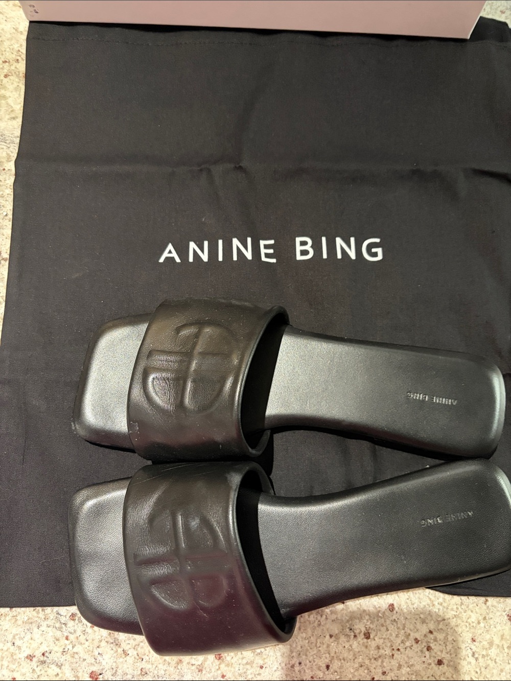 Anine Bing Ria Black Monogram Leather Slides